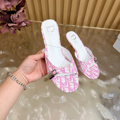 CD Half-Length Mule Heels White Pink Denim Leather 884811
