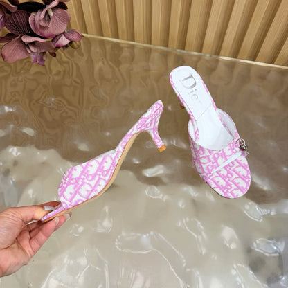 CD Half-Length Mule Heels White Pink Denim Leather 884811
