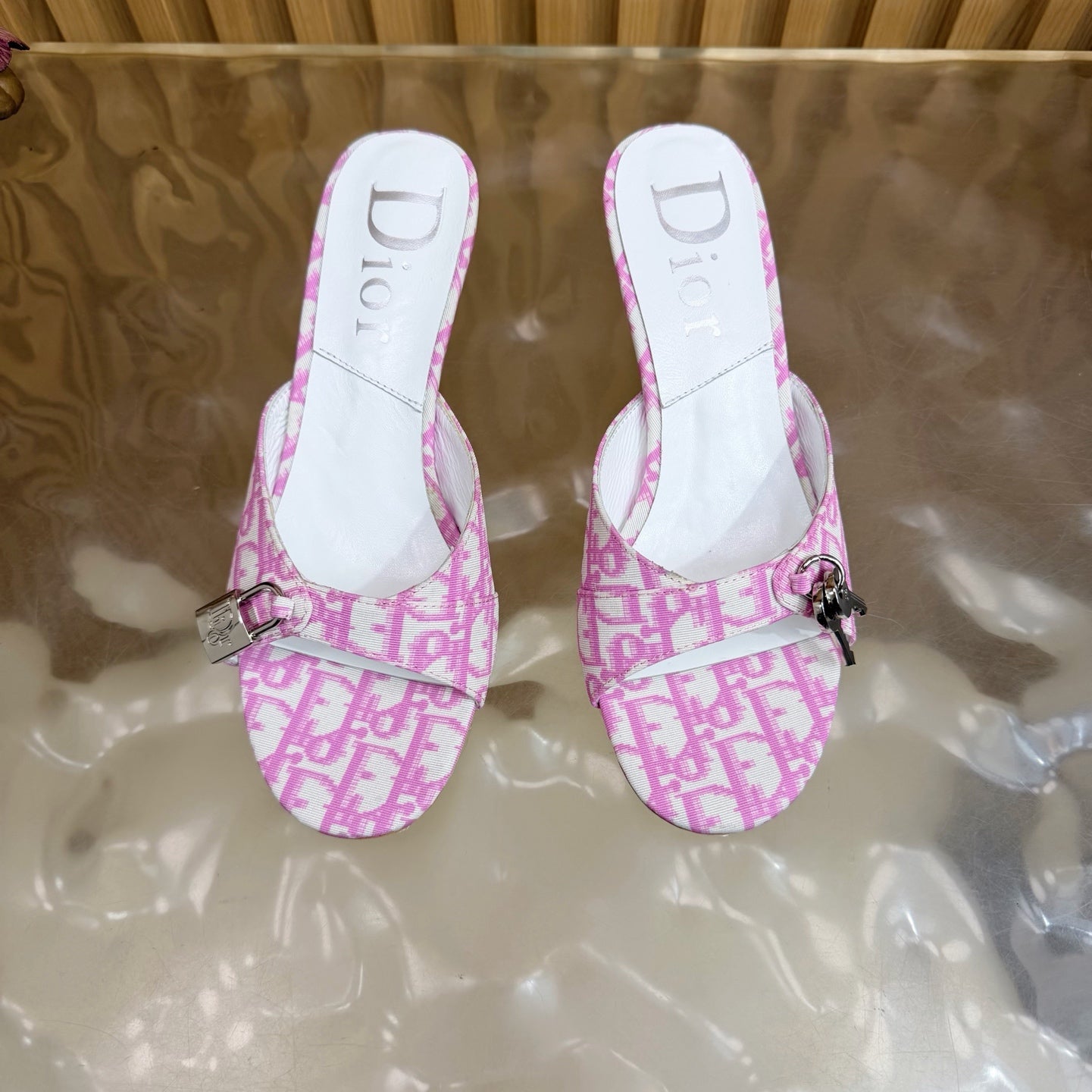 CD Half-Length Mule Heels White Pink Denim Leather 884811