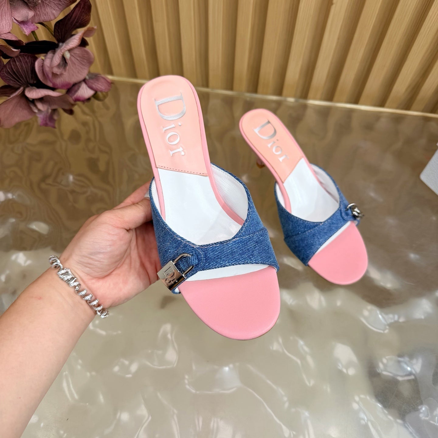 CD Half-Length Mule Heels Blue Pink Denim Leather 884812