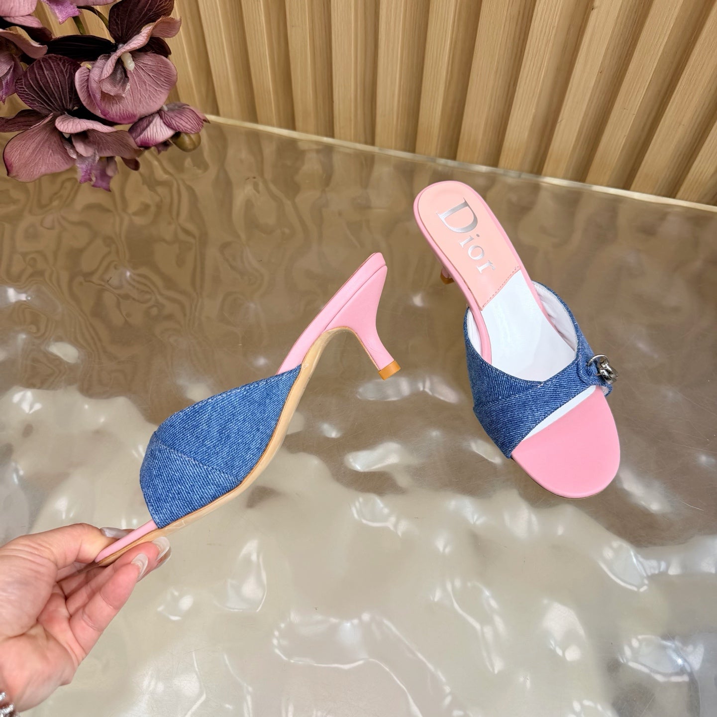 CD Half-Length Mule Heels Blue Pink Denim Leather 884812