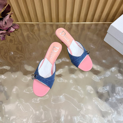 CD Half-Length Mule Heels Blue Pink Denim Leather 884812