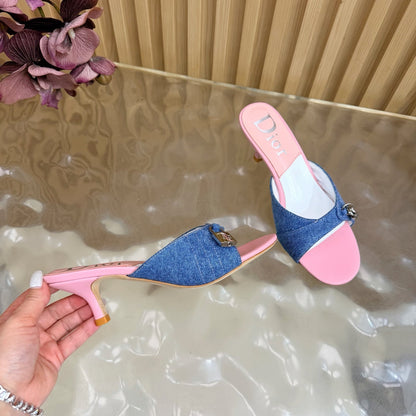 CD Half-Length Mule Heels Blue Pink Denim Leather 884812