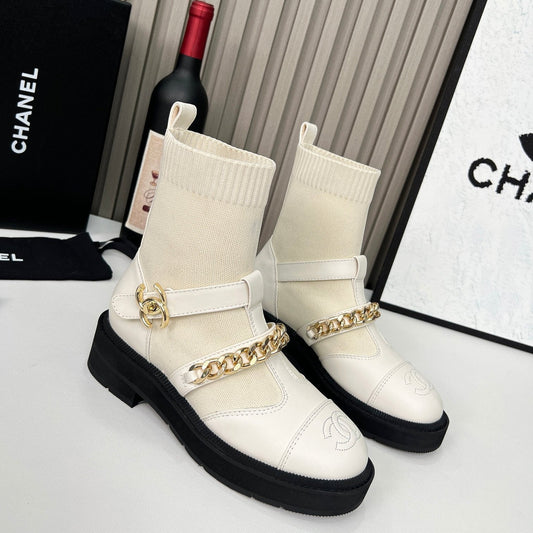 CC 26s Combat Sock Boots White Calfskin Ribbed Knit 924506