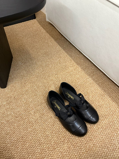 CC 26s Mary Jane Slingback Flats In Black Calfskin Cap Toe Ribbon Strap