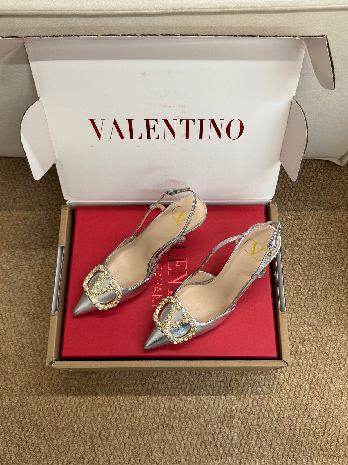 Valentino 26s High Heel Slingbacks In Metallic Silver Calfskin With Crystal