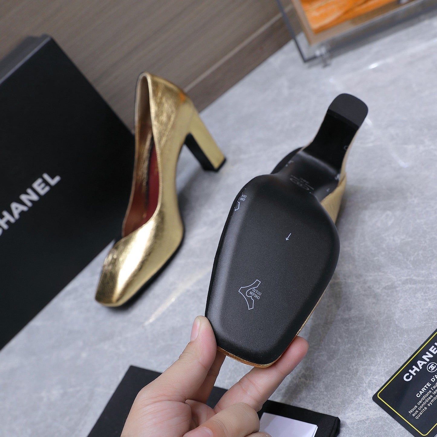 Chanel 2026 High-Heeled Pump 85mm Black-Gold Suede Sheepskin 758425