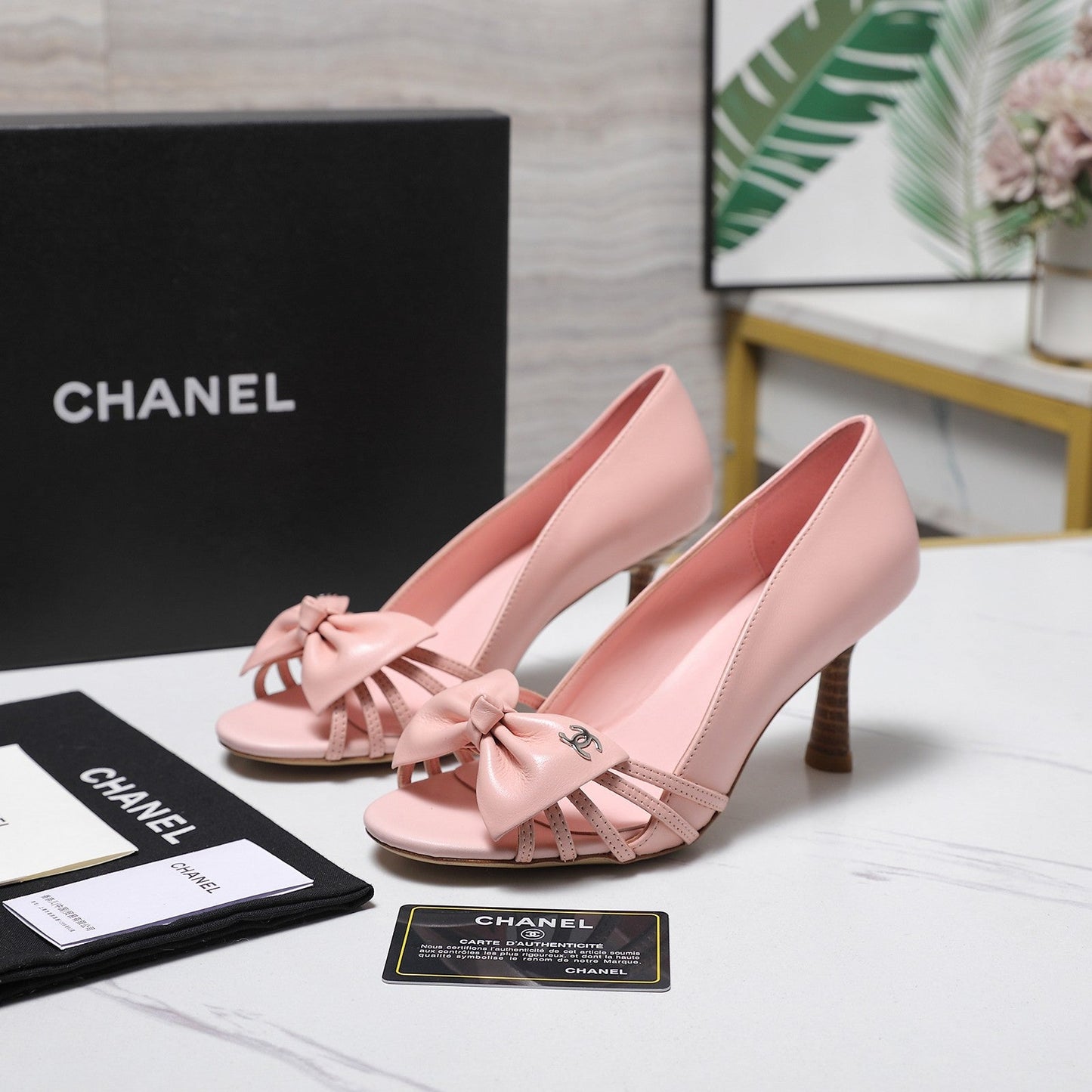 Chanel 2026 Bow Strappy High-Heeled Peep Toe Sandals Pink Cowhide 758433