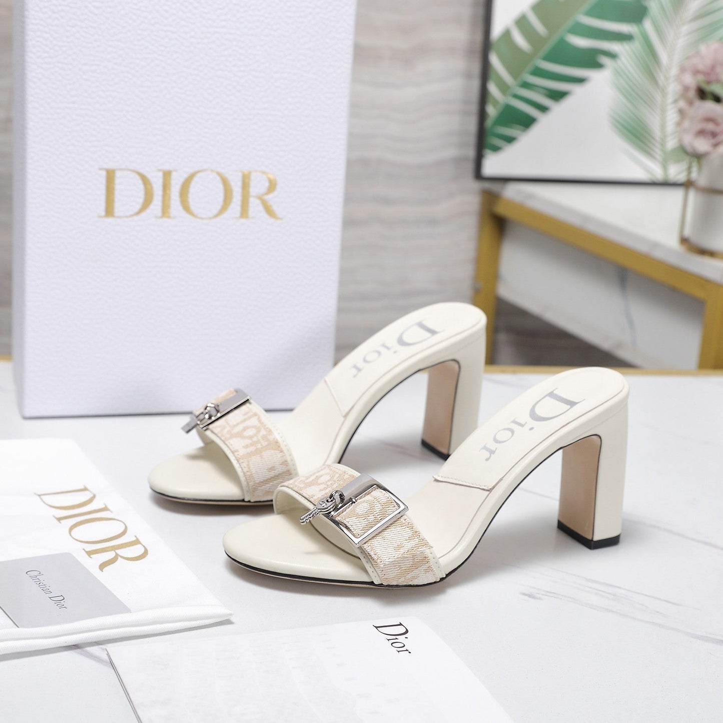 CD 26s D-Idole Mules 8.5cm White Jacquard Calfskin 961310