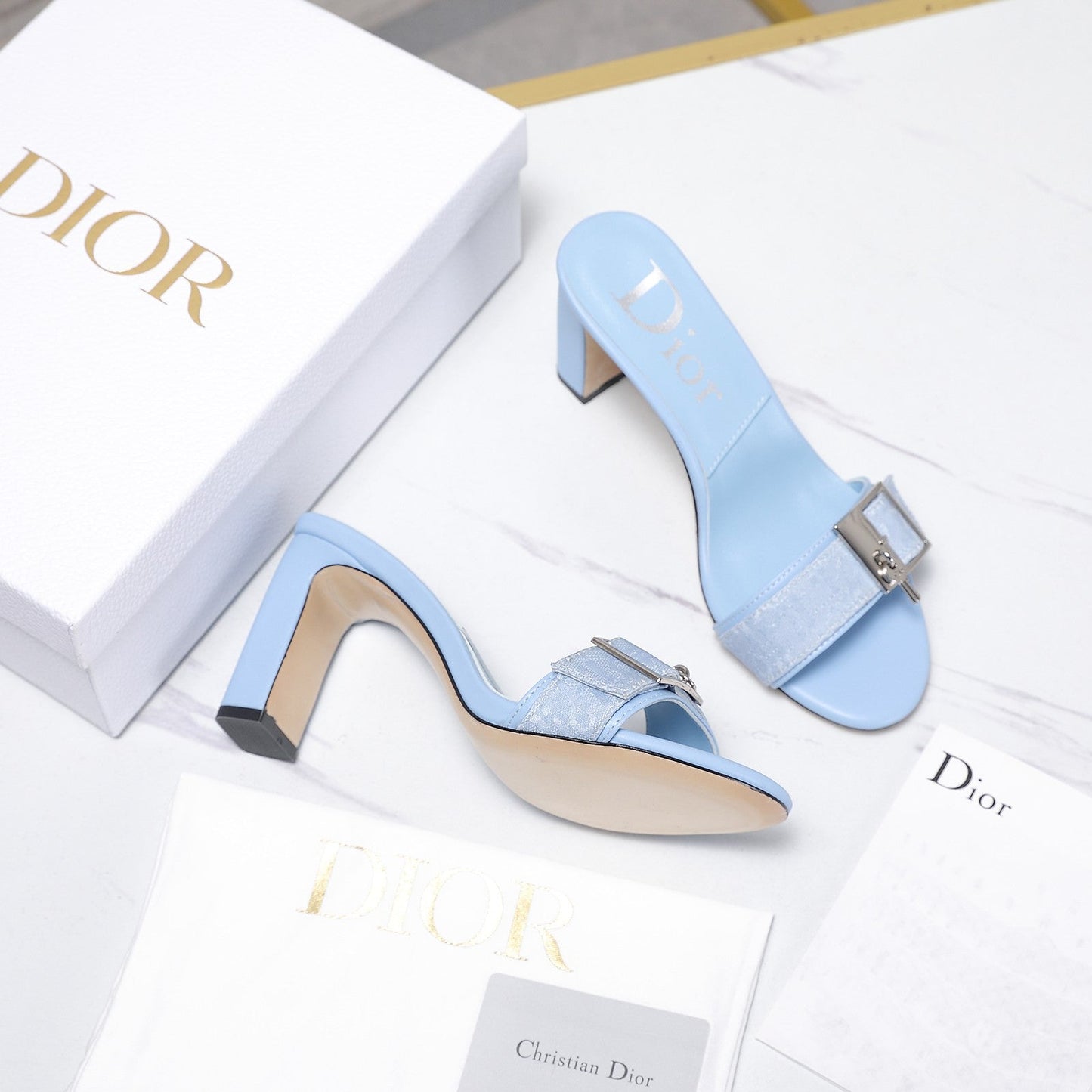 CD 26s D-Idole Mules 8.5cm Light Blue Jacquard Calfskin 961311