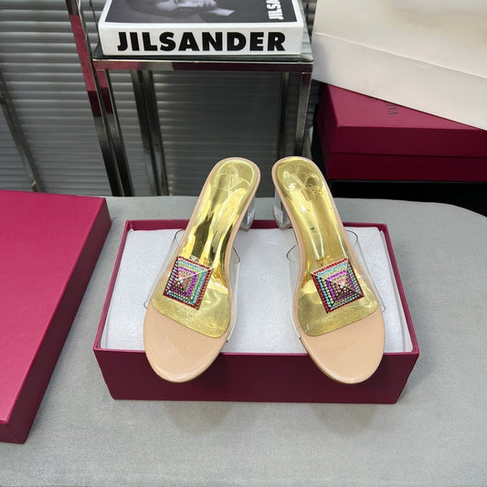 Heeled Sandals 6cm with Crystal Square Buckle Gold and Beige
