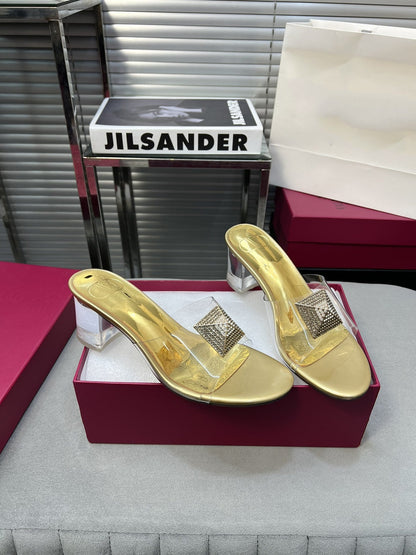 Heeled Sandals 6cm with Crystal Square Buckle Gold