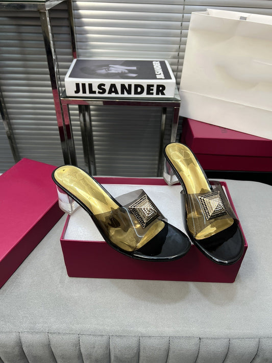 Heeled Sandals 6cm with Crystal Square Buckle Gold and Black