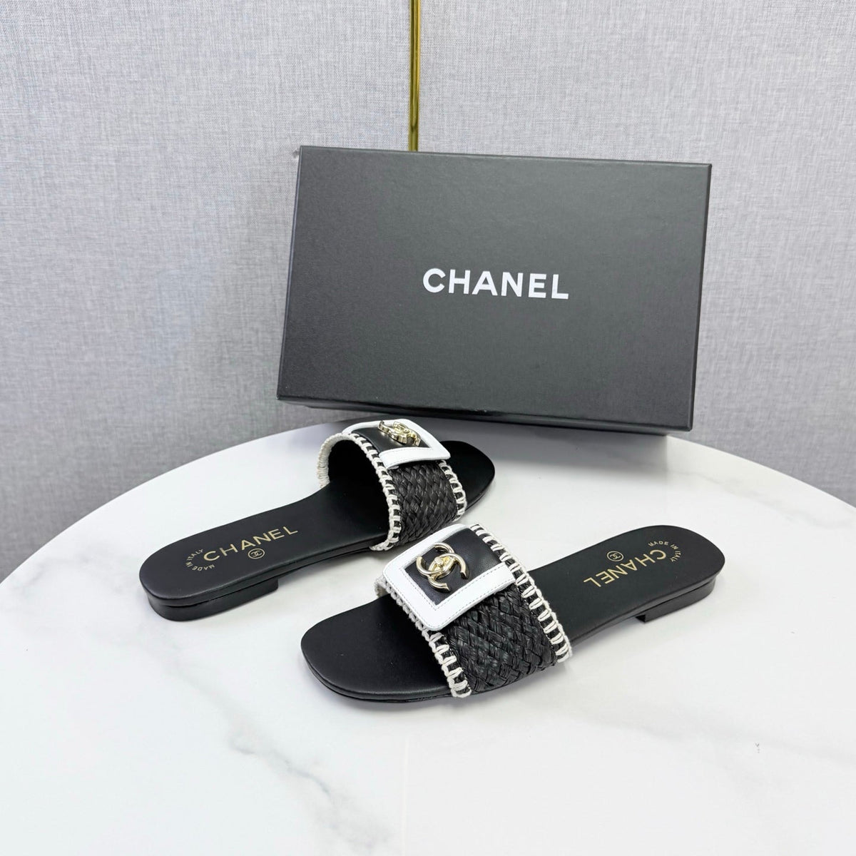 Chanel 26s Woven Strap Slides Black White Lambskin