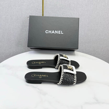 Chanel 26s Woven Strap Slides Black White Lambskin