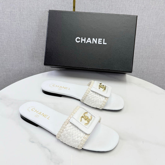 Chanel 26s Woven Strap Slides White Lambskin