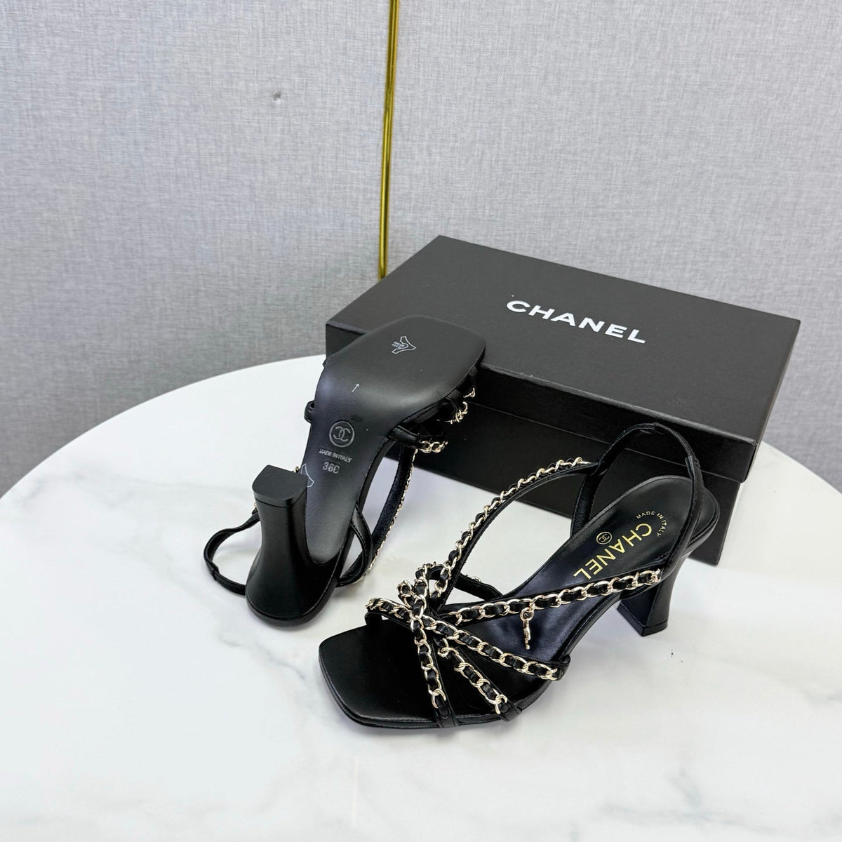 CC 26s Chain Strap High Heels 8cm Black Lambskin