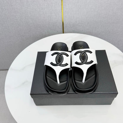 Chanel 26s CC Thong Slides White Lambskin