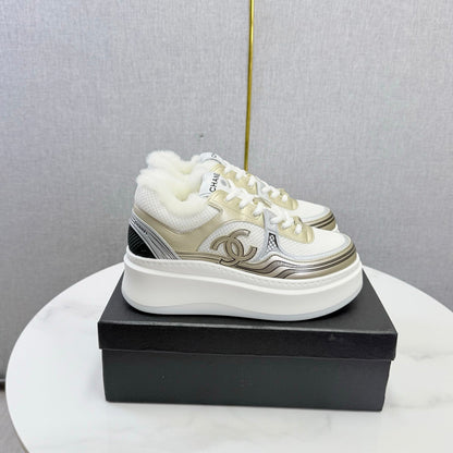 CC 26s Platform Sneakers Light Gold White Quilted Calfskin Shearling 972888