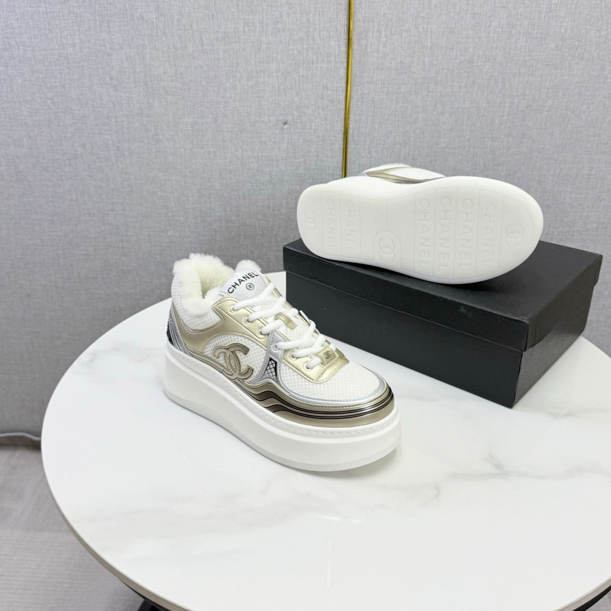 CC 26s Platform Sneakers Light Gold White Quilted Calfskin Shearling 972888