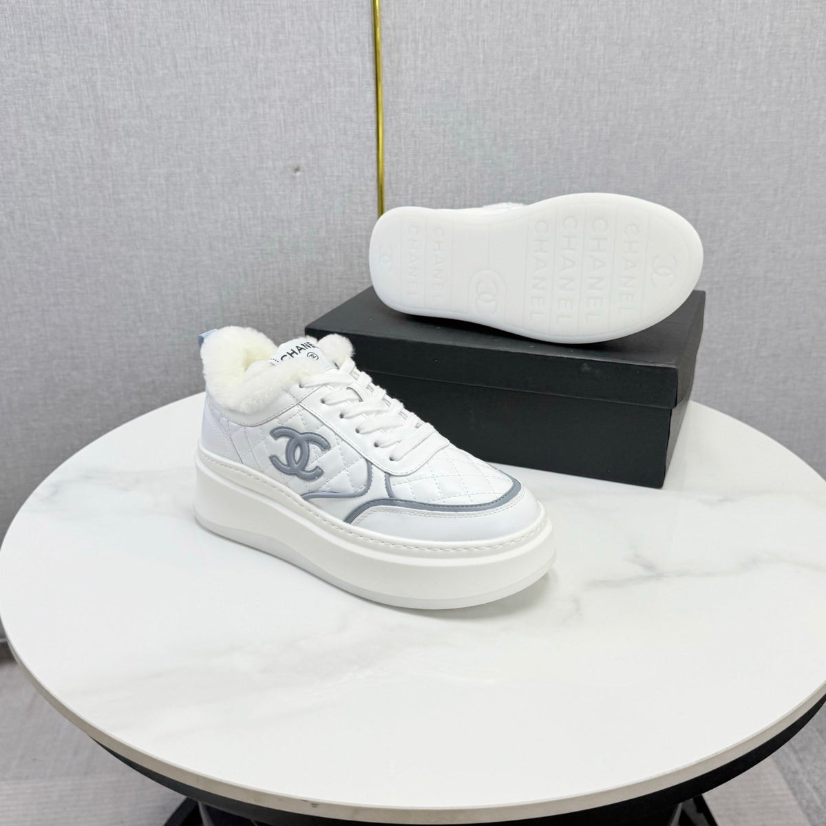 CC 26s Platform Sneakers Grey White Quilted Calfskin Shearling 972891