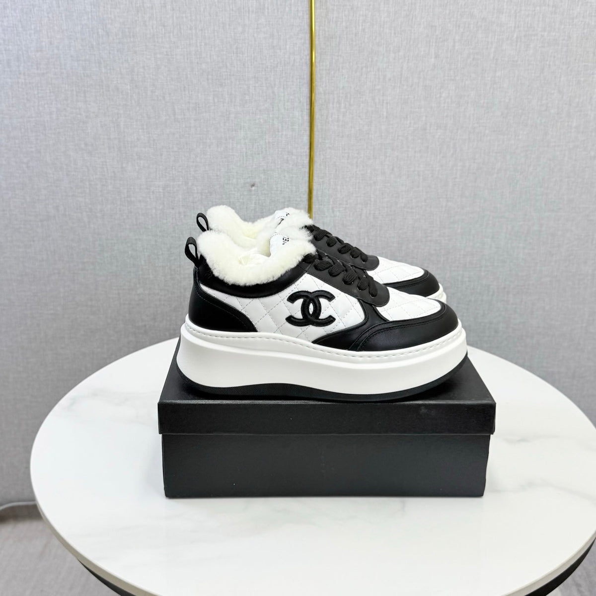 CC 26s Platform Sneakers Black White Quilted Calfskin Shearling 972892