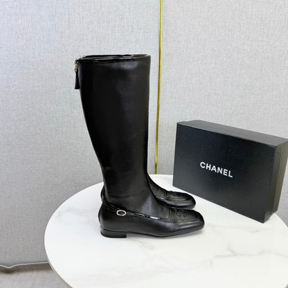 CC 26s Square Toe Low Heel Long Boots Black Sheeepskin 972800