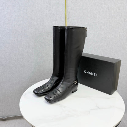 CC 26s Square Toe Low Heel Long Boots Black Sheeepskin 972800