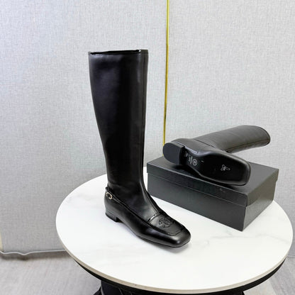 CC 26s Square Toe Low Heel Long Boots Black Sheeepskin 972800