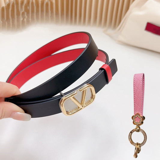 Gold Vlogo and Silver Hardware Buckle Black Red Calfskin 20mm