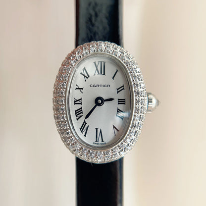 Baignoire Silver Diamond Case Black Leather Strap