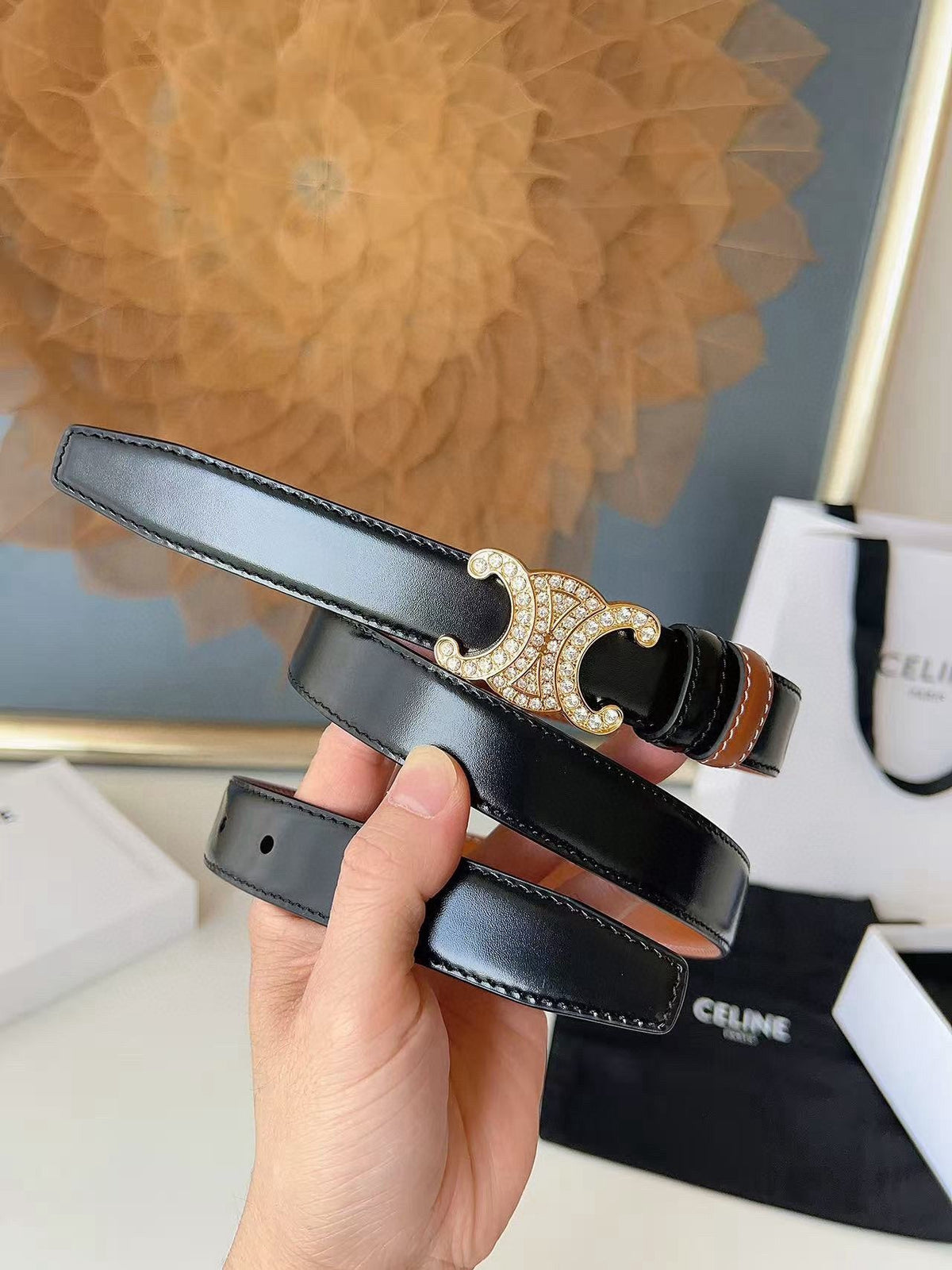 CELINE 26S BELT 25 MM IN BLACK AND BROWN CALFSKIN 636403