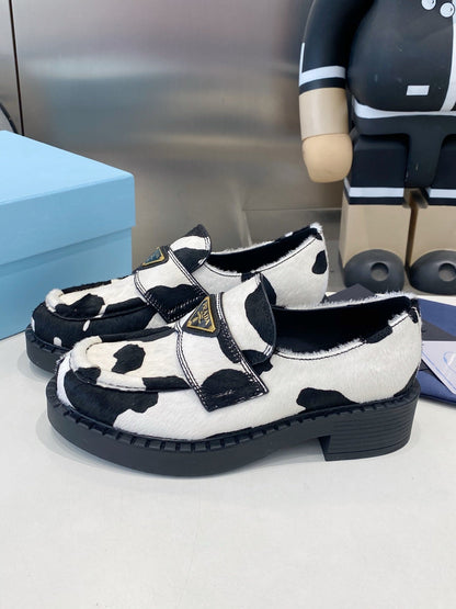 PRA 26S Platform Loafers Black White Cow Print Leather 628561