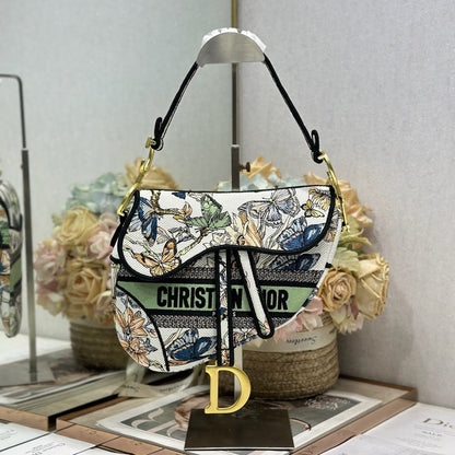 CD Saddle Bag 25.5cm Black Green White Butterfly Embroidery Canvas