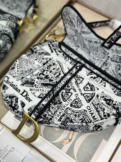 CD Saddle Bag 25.5cm Black White Plan de Paris printed Canvas