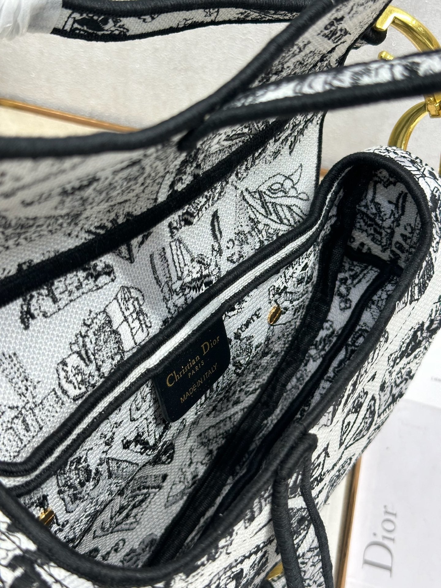 CD Saddle Bag 25.5cm Black White Plan de Paris printed Canvas