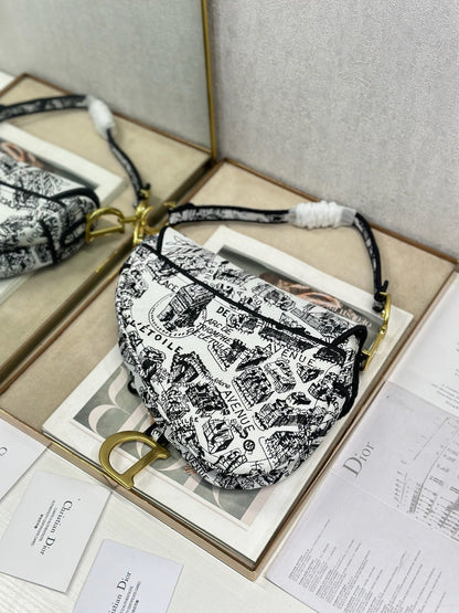 Dior 2026 Striking Black White Plan de Paris Pattern 25.5cm Saddle Bag 289478