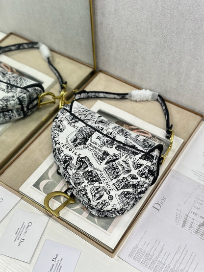 CD Saddle Bag 25.5cm Black White Plan de Paris printed Canvas
