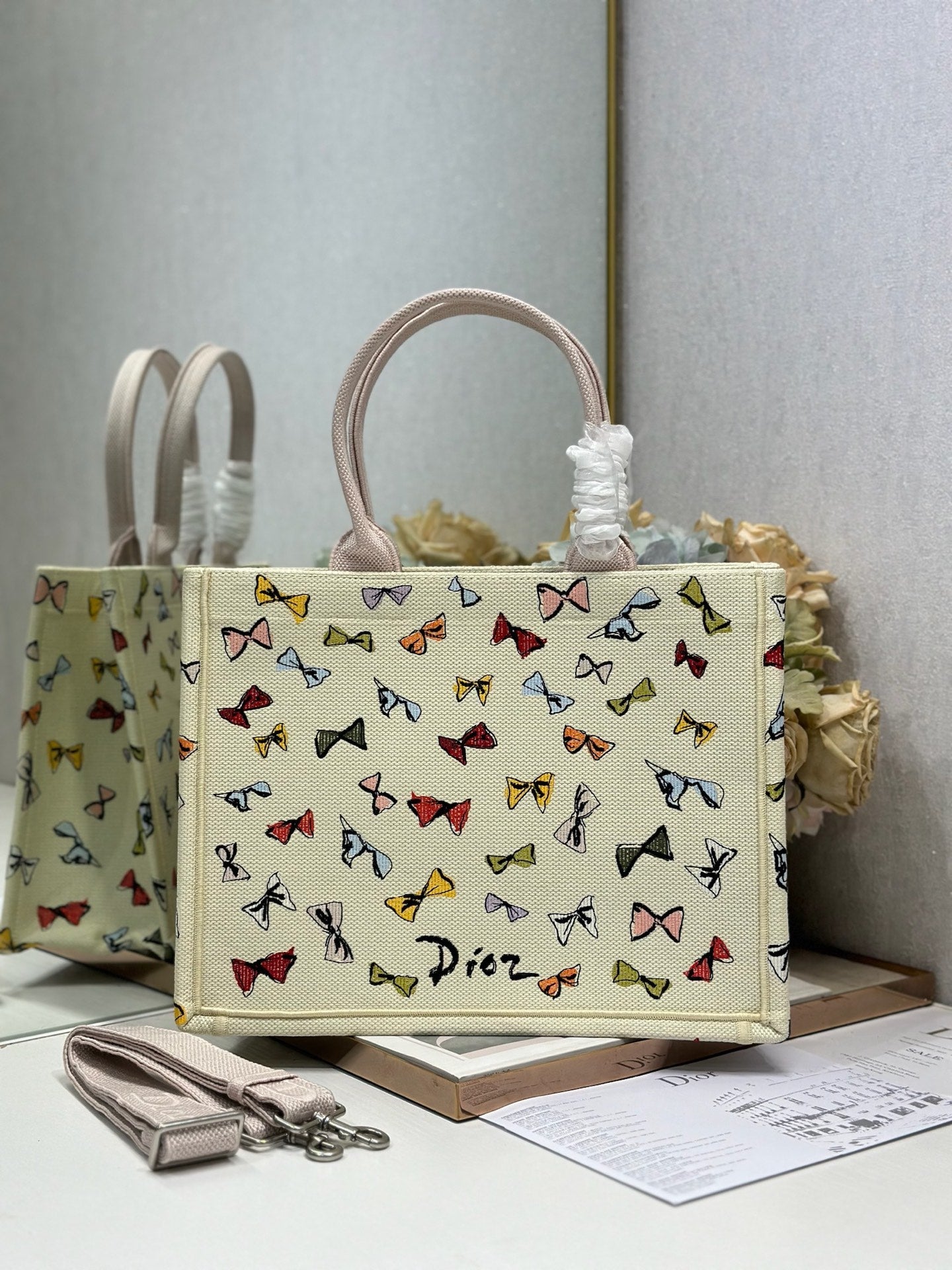 Dior 2026 Dioriviera Book Tote Bow Motif Ivory Pink Embroidery Canvas 289513