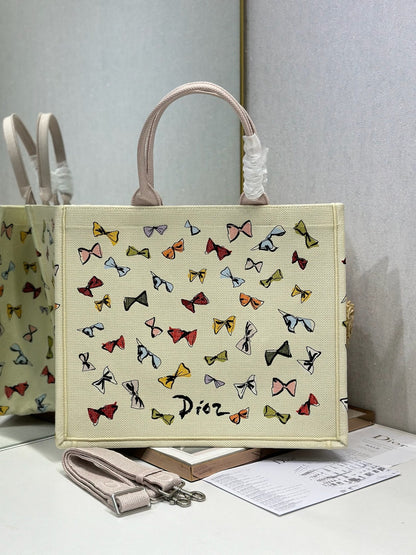 Dior 2026 Dioriviera Book Tote Bow Motif Ivory Pink Embroidery Canvas 289513