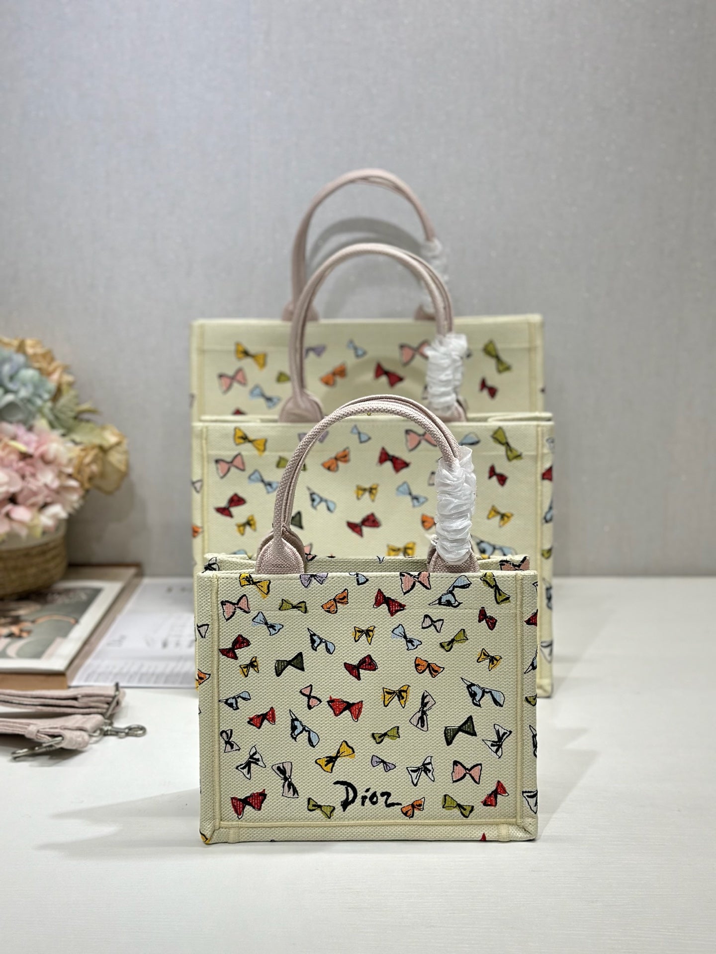 Dior 2026 Dioriviera Book Tote Bow Motif Ivory Pink Embroidery Canvas 289513