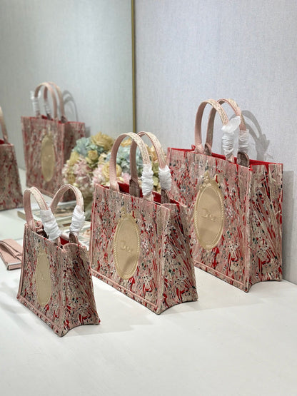 Dior 2026 Book Tote Bag Pink Red Embroidery Canvas 289527