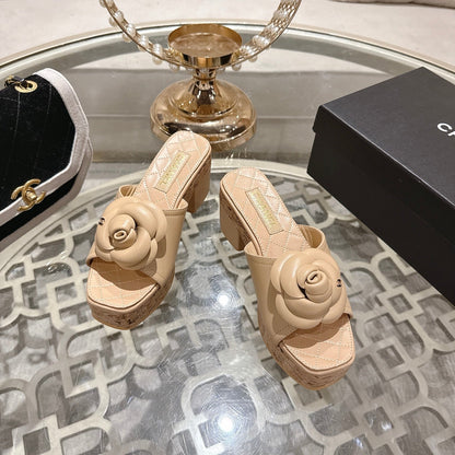 CC 26s Camellia Platform Slippers 65 Beige Lambskin 627049