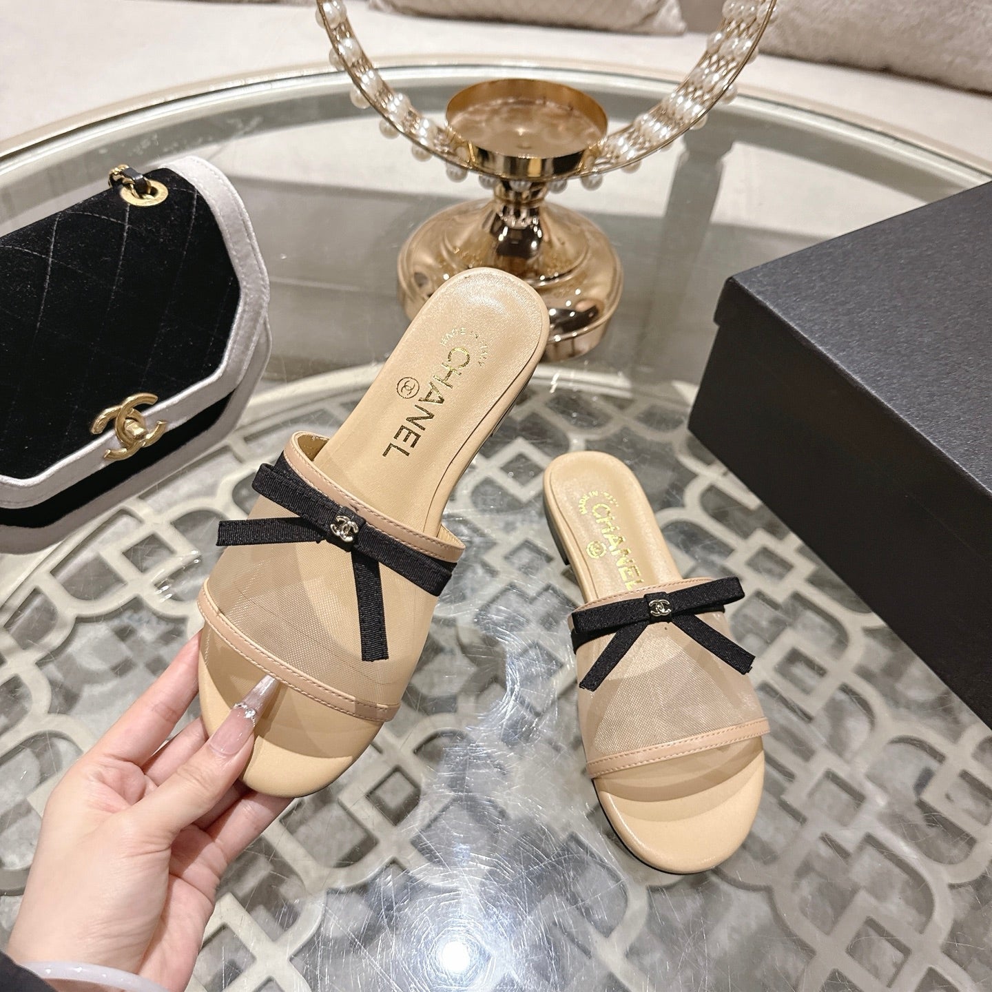 CC 26s Chunky Heel Sandals Beige Mesh Sheepskin 627068
