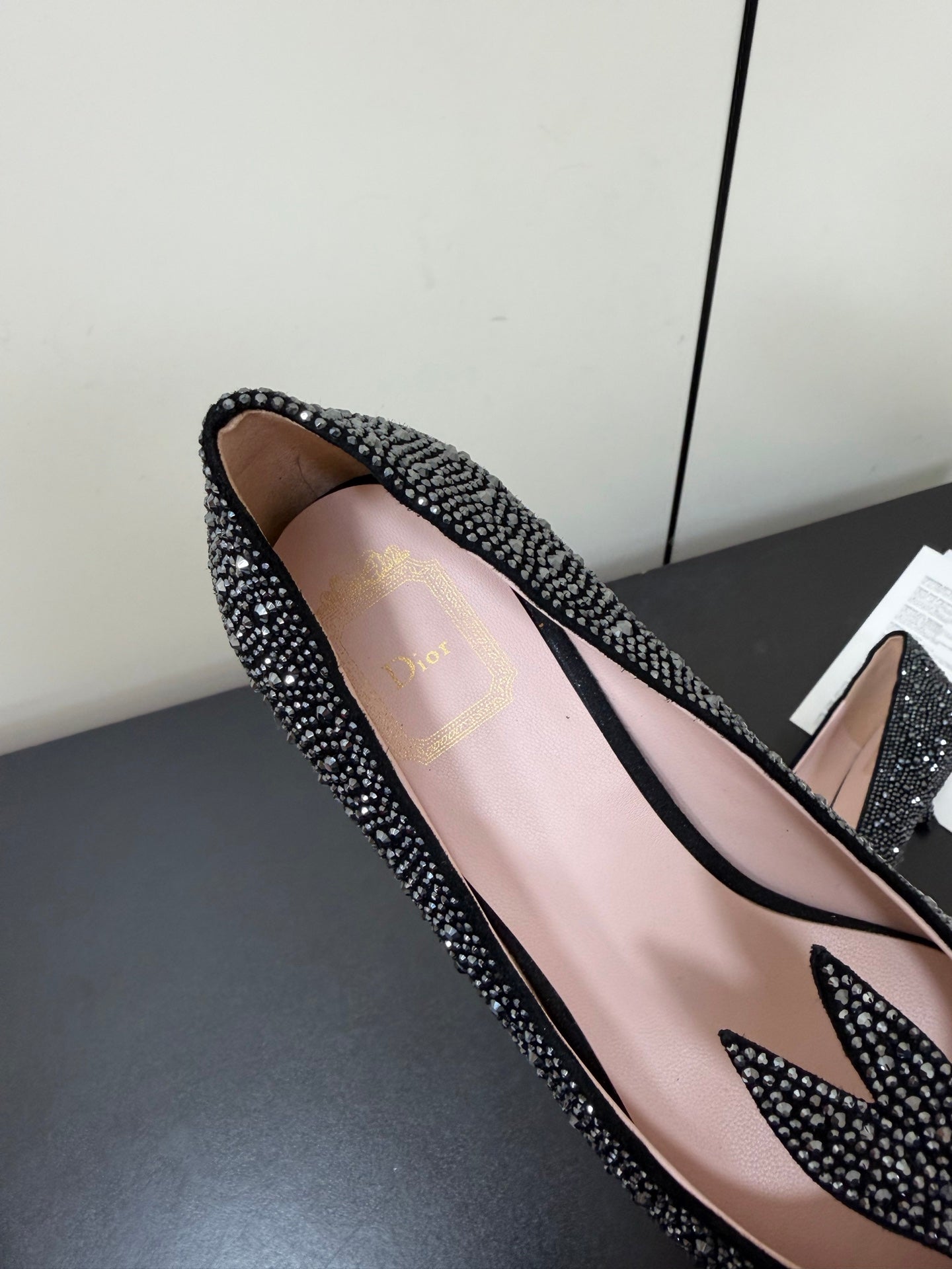 CD Heel Pointed Toe Rhinestone Slignback 3.5 Black Suede 619567