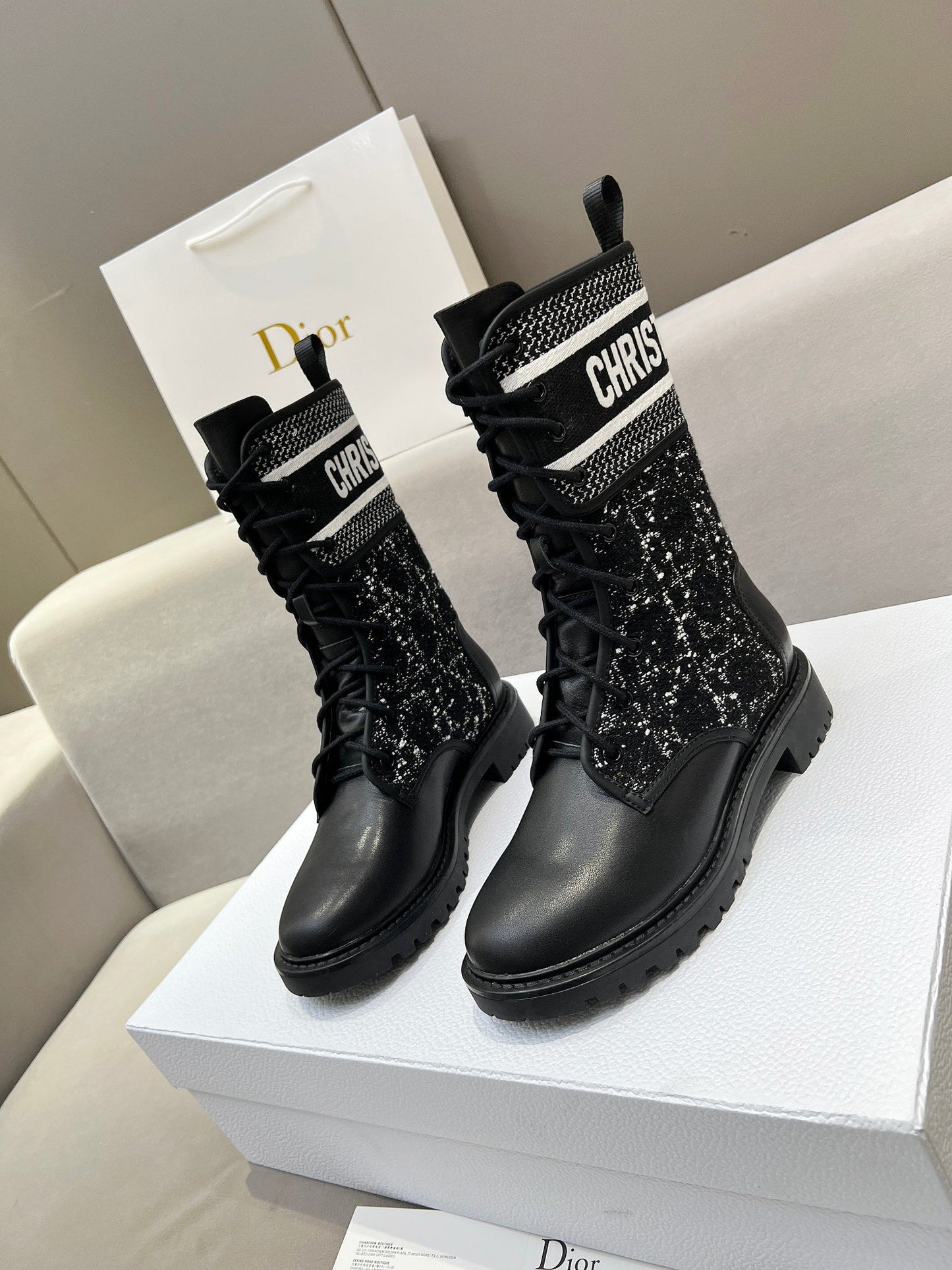 CD D-Major Ankle Boot In Black Mix White Tweed And Lambskin 107725
