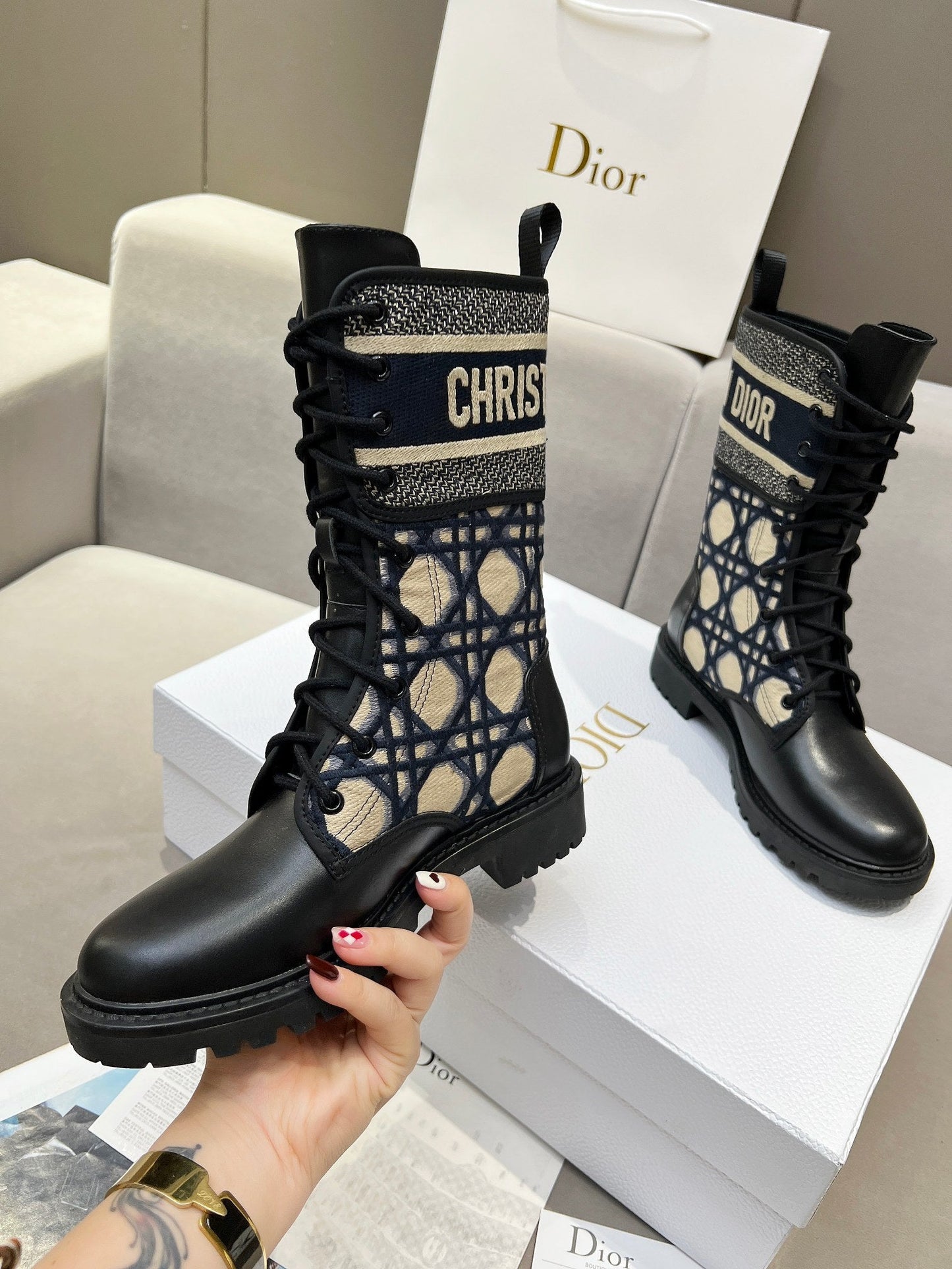 CD D-Major Ankle Boot In Charcoal Blue Mix Black Denim Fabric And Lambskin 107723