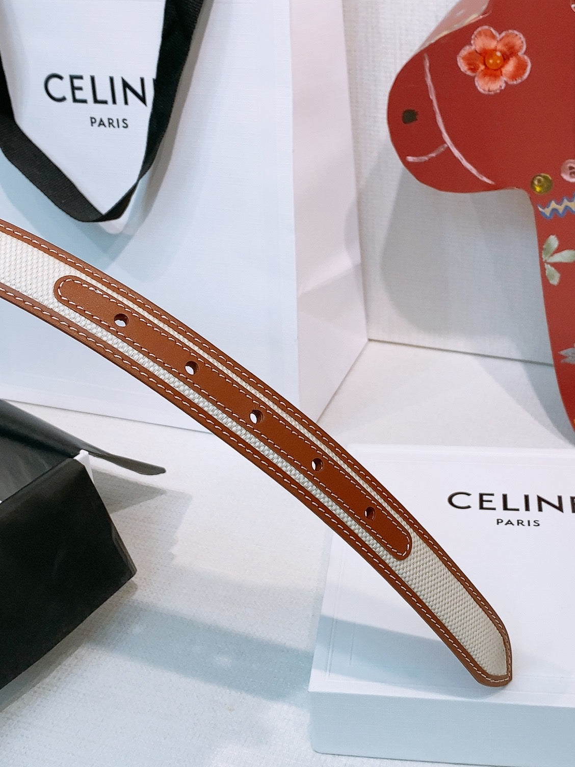 CELINE 26S BELT 25 MM IN WHITE CANVAS AND BROWN CALFSKIN 631593