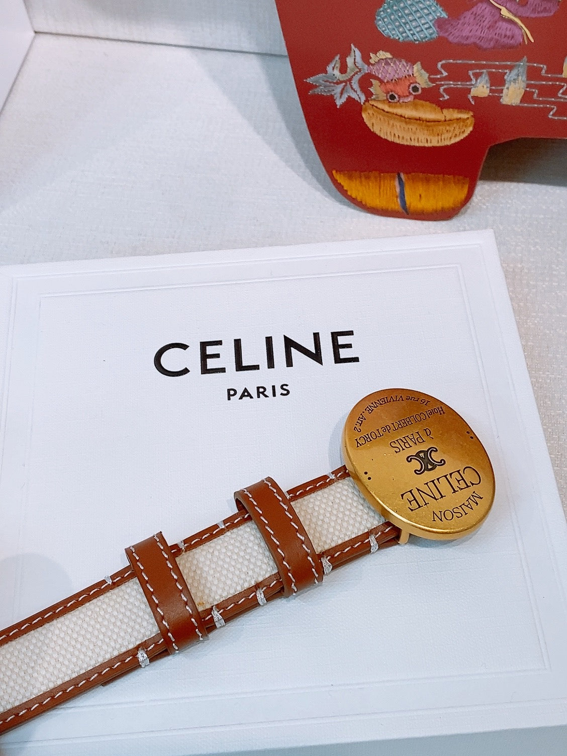 CELINE 26S BELT 25 MM IN WHITE CANVAS AND BROWN CALFSKIN 631593