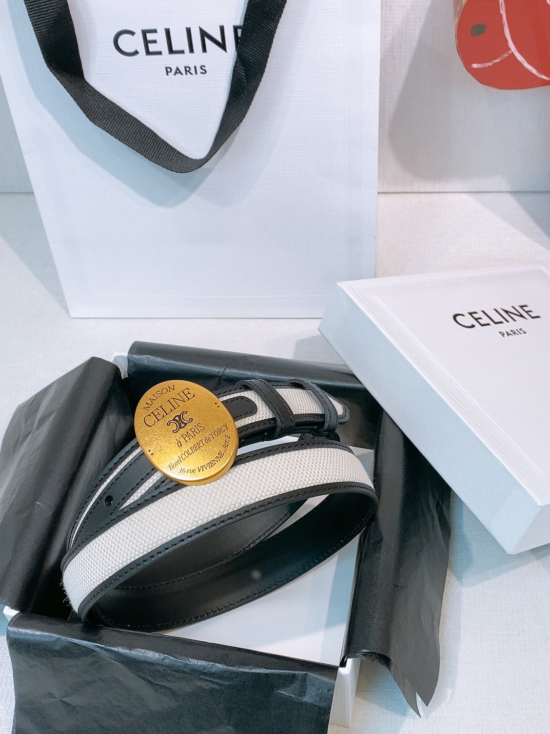 CELINE 26S BELT 25 MM IN WHITE CANVAS AND BLACK CALFSKIN 631594